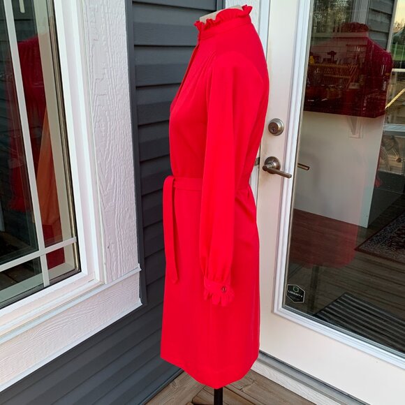 Vintage 70s Button Tie Front  Ruffle Trim Modest 60s Retro Secretary Dress - Picture 6 of 16